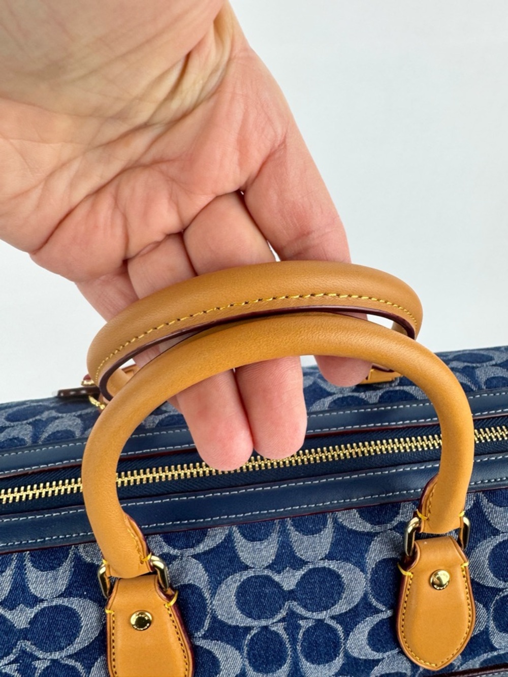 Coach Large Rowan Denim Signature Satchel Leather Trim Crossbody Strap - Picture 4 of 12